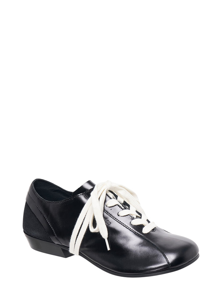 Phileo Cascade black leather lace-up shoe with suede heel panel, cream laces and low stacked heel, shown in side profile - view 2