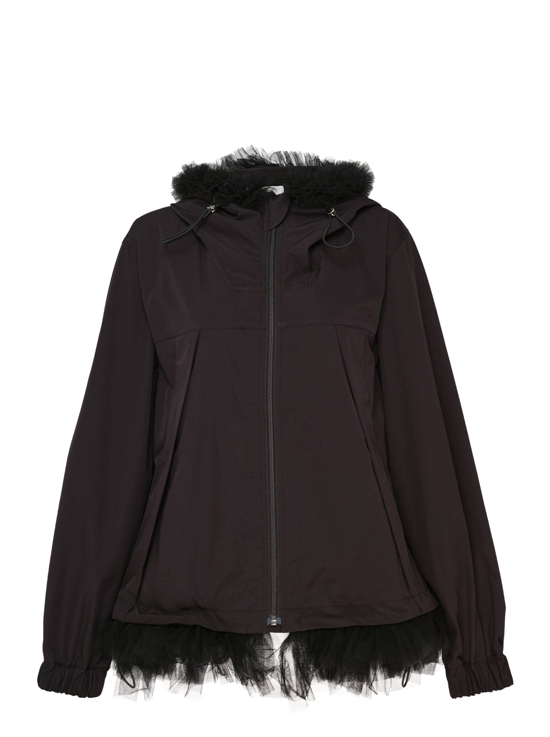 Noir Kei Ninomiya black long-sleeve hooded blouson with ruffled black tulle trim at the hood, cuffs, and hem, full-length zip closure and slanted side pockets