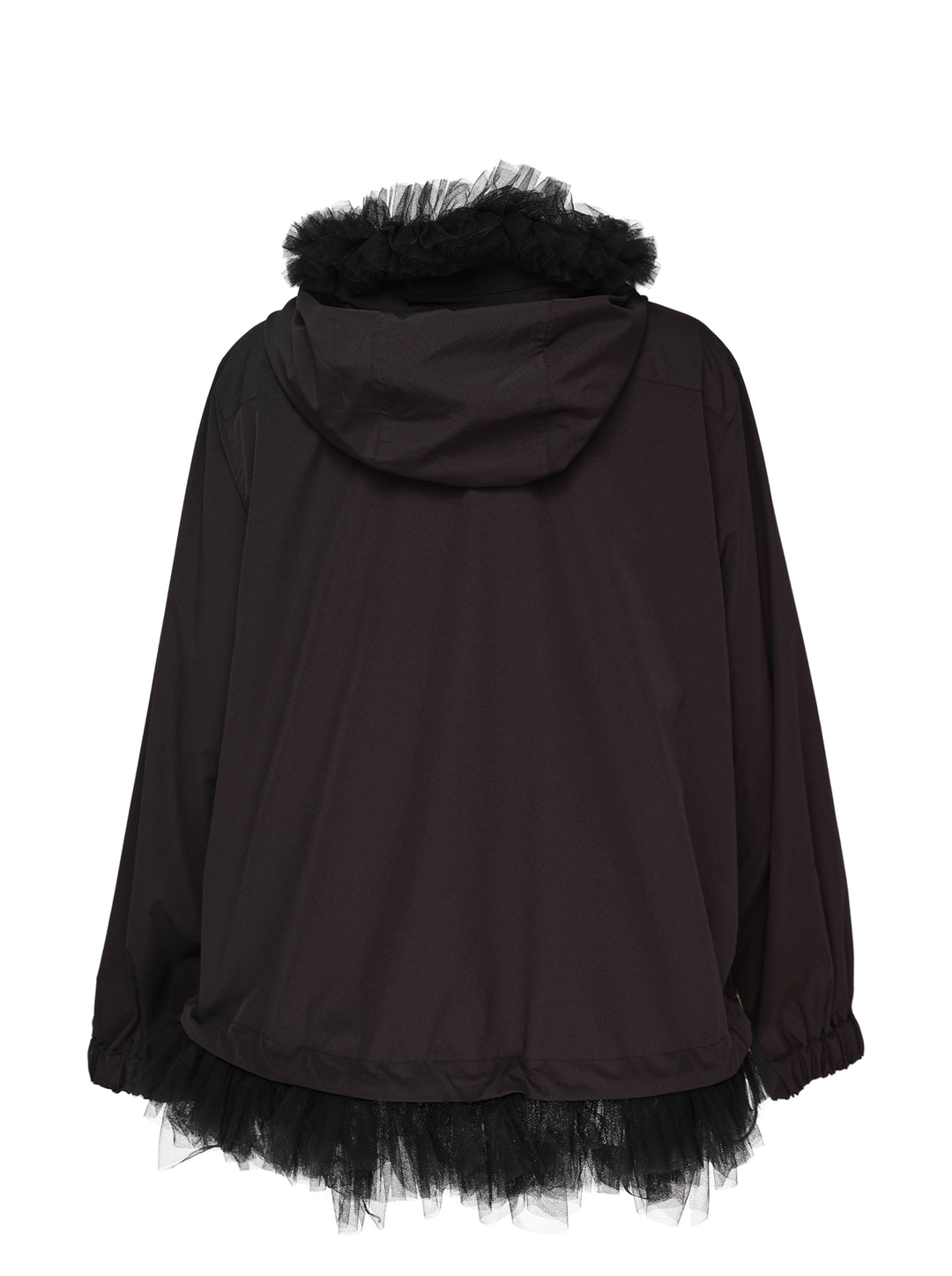 Noir Kei Ninomiya black long-sleeve hooded blouson with ruffled black tulle trim at the hood, cuffs, and hem, full-length zip closure and slanted side pockets - view 2