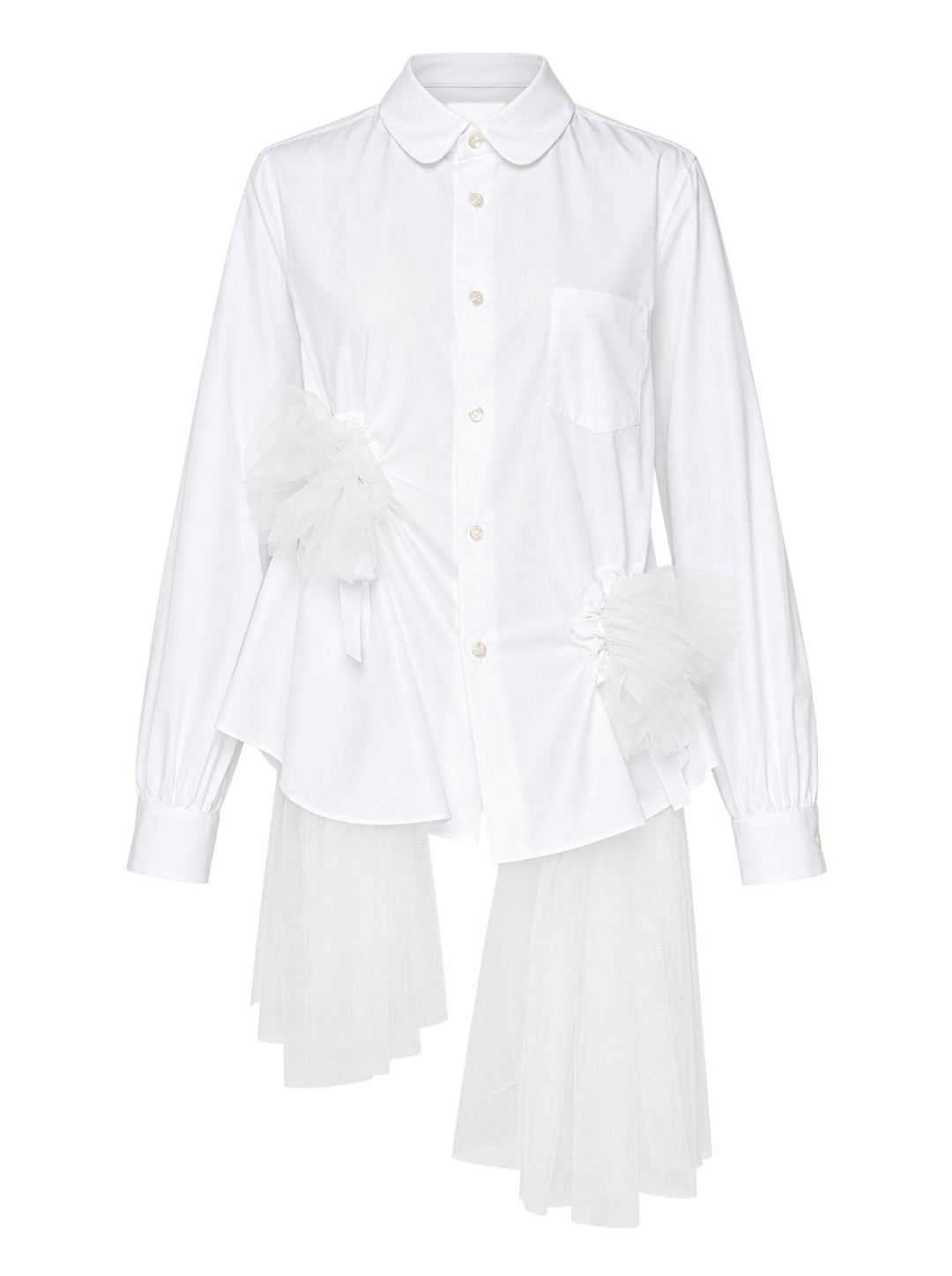 Noir Kei Ninomiya white button-up shirt with rounded collar, gathered tulle ruffle details at the waist and an asymmetric layered tulle hem
