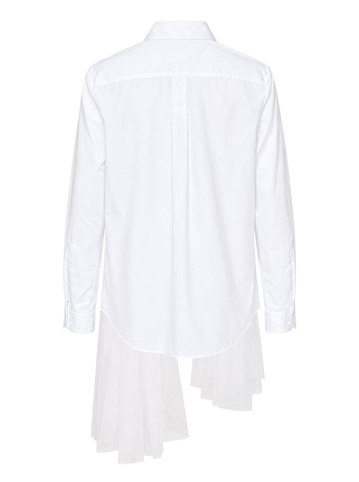 Noir Kei Ninomiya white button-up shirt with rounded collar, gathered tulle ruffle details at the waist and an asymmetric layered tulle hem - view 2
