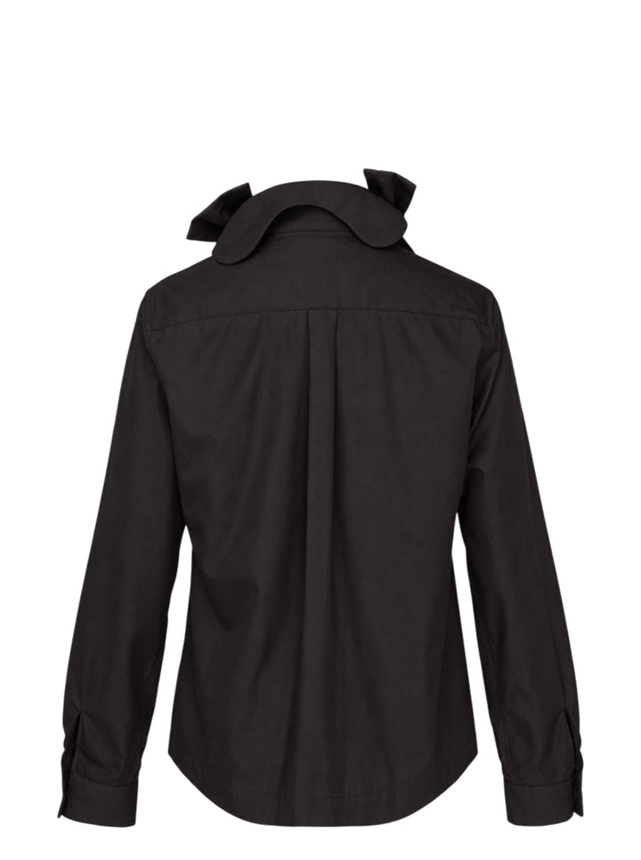 Black cotton long-sleeve button-up shirt by Noir Kei Ninomiya with oversized ribbon bows at the collar, chest and waist pocket - view 2