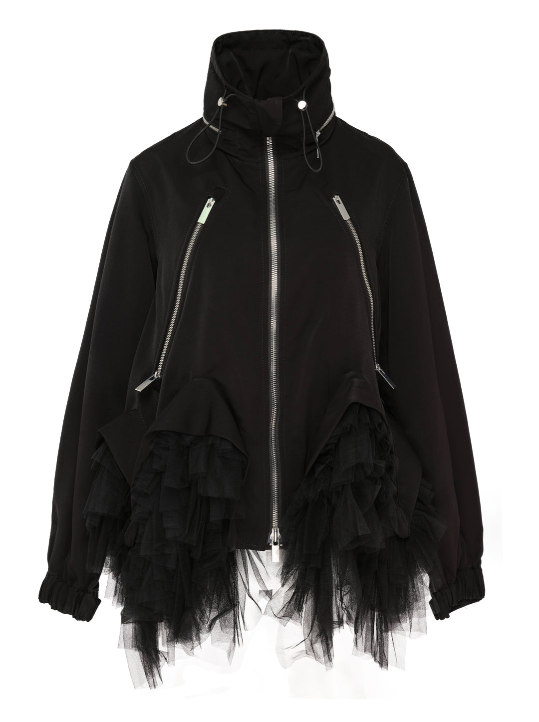 Noir Kei Ninomiya black oversized long sleeve jacket with high drawstring neck, silver zip closures, angled chest zip pockets, and layered black tulle ruffle hem, displayed flat on a white background