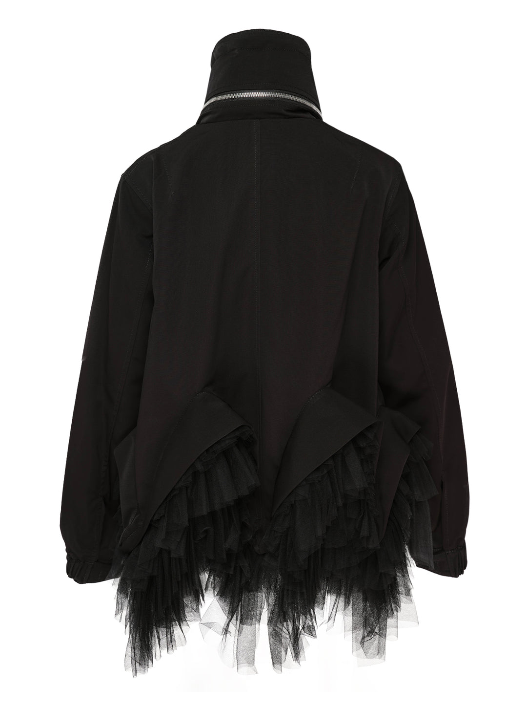 Noir Kei Ninomiya black oversized long sleeve jacket with high drawstring neck, silver zip closures, angled chest zip pockets, and layered black tulle ruffle hem, displayed flat on a white background - view 2