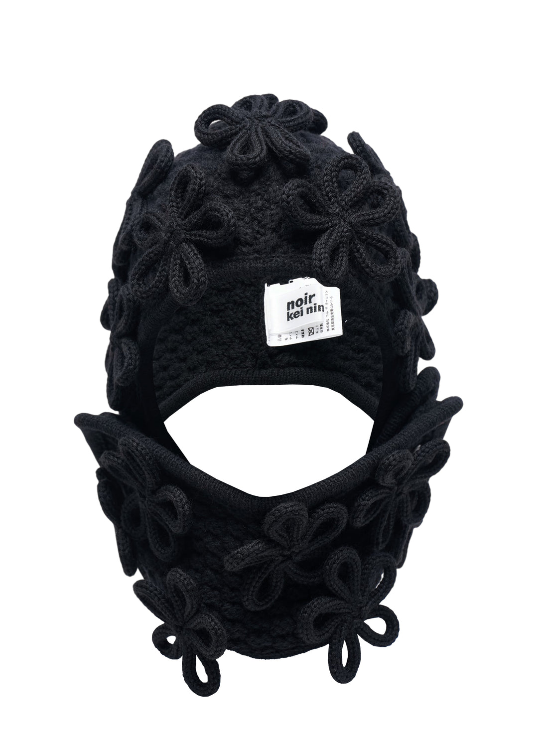 Noir Kei Ninomiya black knitted balaclava with three-dimensional looped floral appliqués across the crown and neck