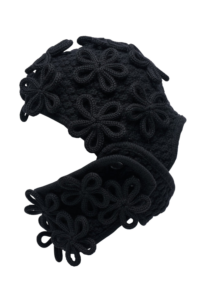 Noir Kei Ninomiya black knitted balaclava with three-dimensional looped floral appliqués across the crown and neck - view 2