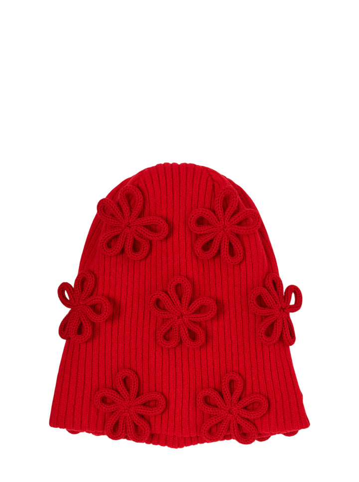 Red ribbed knit beanie with looped floral appliqués by Noir Kei Ninomiya