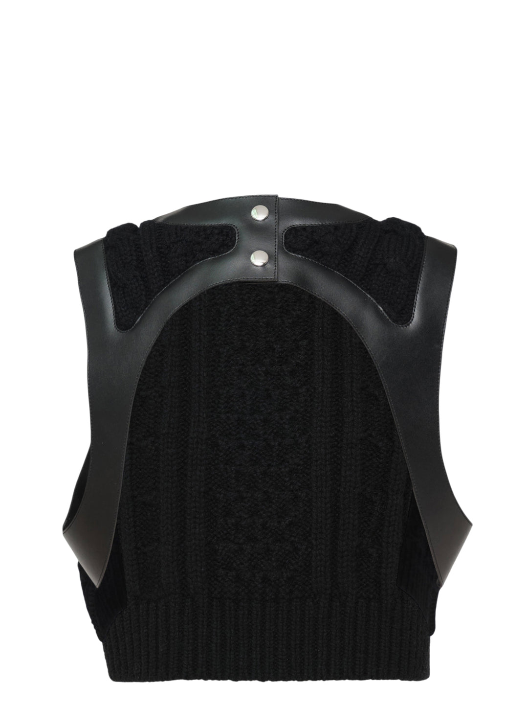 Noir Kei Ninomiya black cable-knit sleeveless vest with structured leather yoke, cutout detailing, and silver press-stud fastening at the rear neckline - view 2