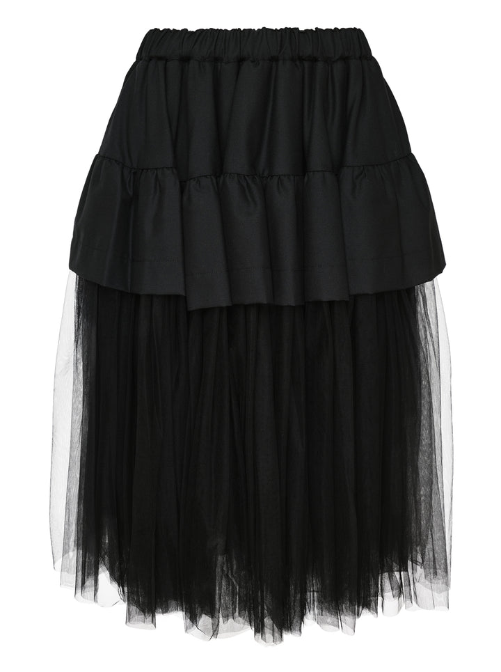 Noir Kei Ninomiya black tiered ruffle skirt with gathered elastic waist and sheer tulle underlayer, midi length, on white background