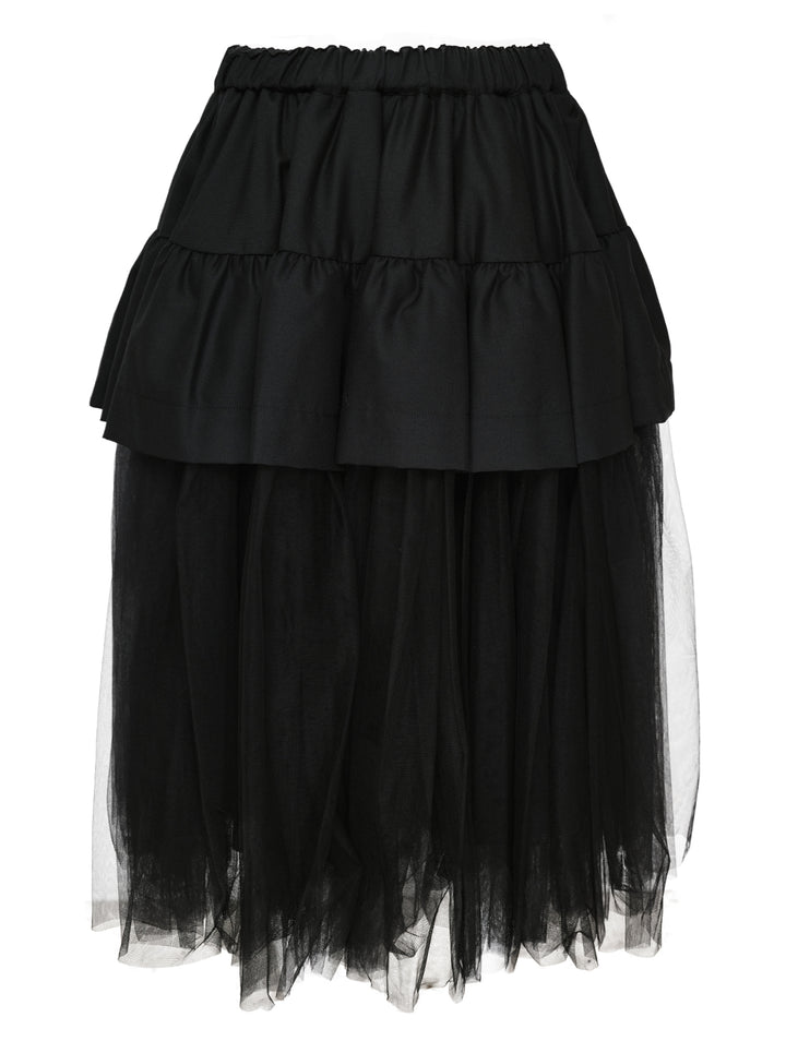 Noir Kei Ninomiya black tiered ruffle skirt with gathered elastic waist and sheer tulle underlayer, midi length, on white background - view 2