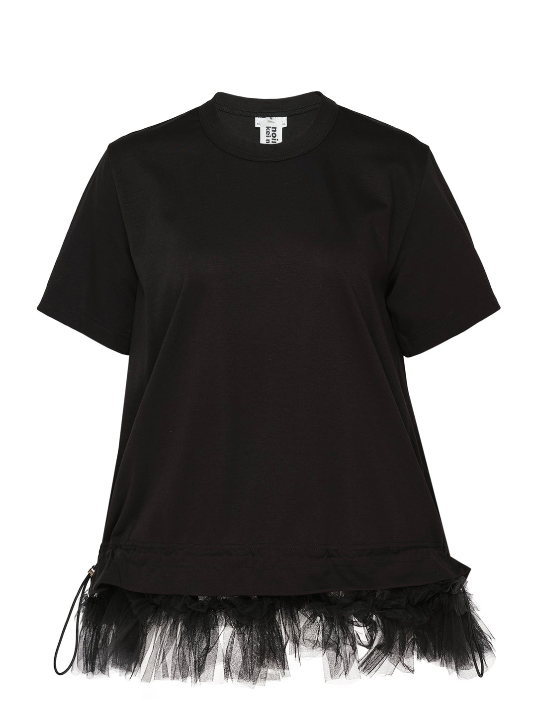 Noir Kei Ninomiya black cotton short sleeve crewneck tee with gathered tulle frill hem and drawstring waistband detail, flat lay on white background