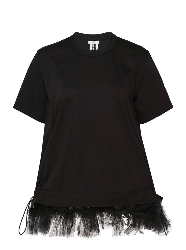 Noir Kei Ninomiya black cotton short sleeve crewneck tee with gathered tulle frill hem and drawstring waistband detail, flat lay on white background