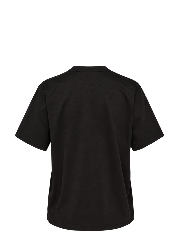 Noir Kei Ninomiya black cotton ponte tee with three dimensional bow appliqués and star-cut panels cascading diagonally down the front - view 2
