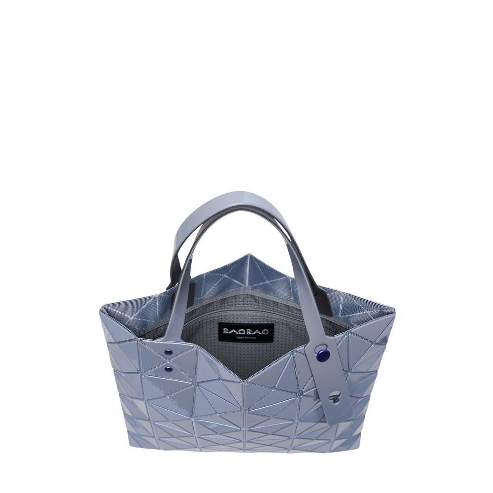 Bao Bao Issey Miyake Lucent One-Tone Tote in fuchsia pink, featuring a 6×6 grid of interlocking triangular PVC panels with flat top handles and silver-tone snap hardware
