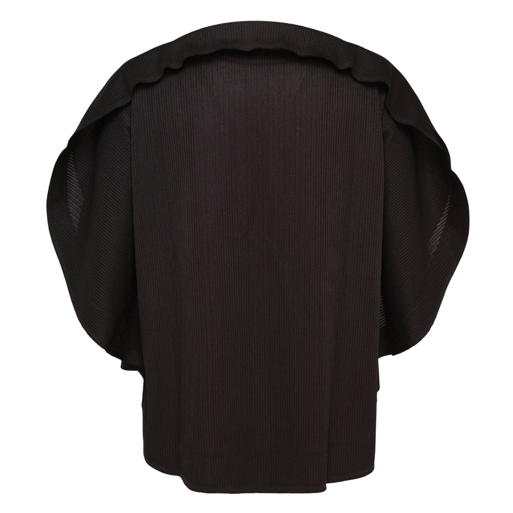Pleats Please Issey Miyake A-POC SLICE Cropped Shirt in black, featuring fine ribbed knit fabric, dramatic batwing sleeves, and a double-layer cropped hem, photographed flat on a white background