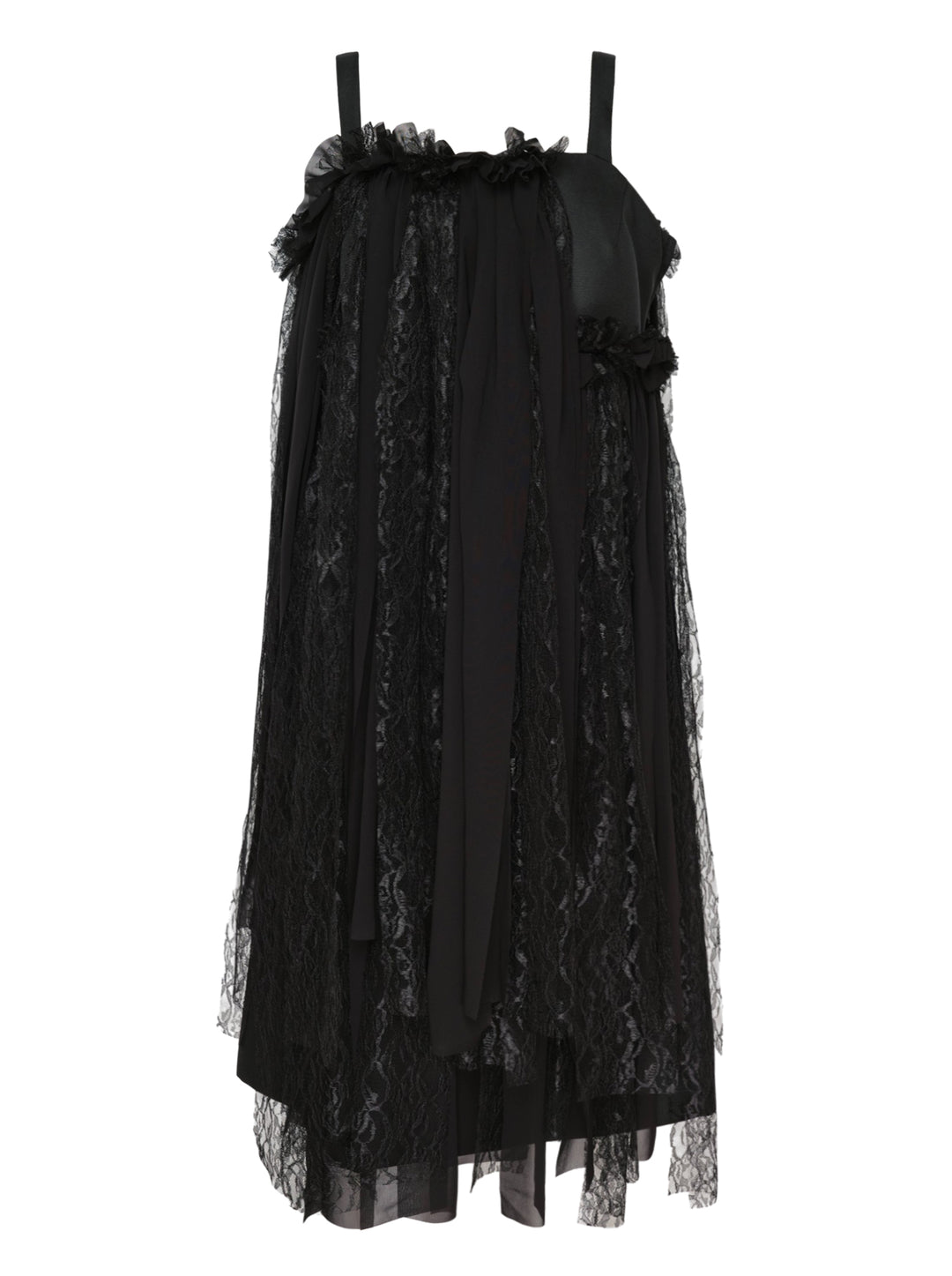 Comme des Garçons black sheer layered raschel lace dress with ruffled neckline, floral appliqués, mixed tulle and lace vertical panels, and an asymmetric raw-edged hem