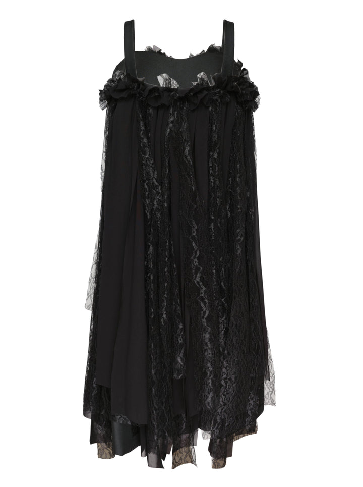 Comme des Garçons black sheer layered raschel lace dress with ruffled neckline, floral appliqués, mixed tulle and lace vertical panels, and an asymmetric raw-edged hem - view 2