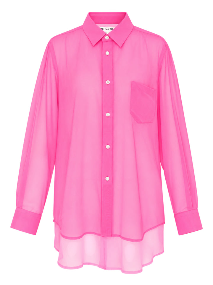Comme des Garçons sheer fuchsia pink longline tailored blouse with point collar, white button-front fastening, chest patch pocket, and structured cuffs