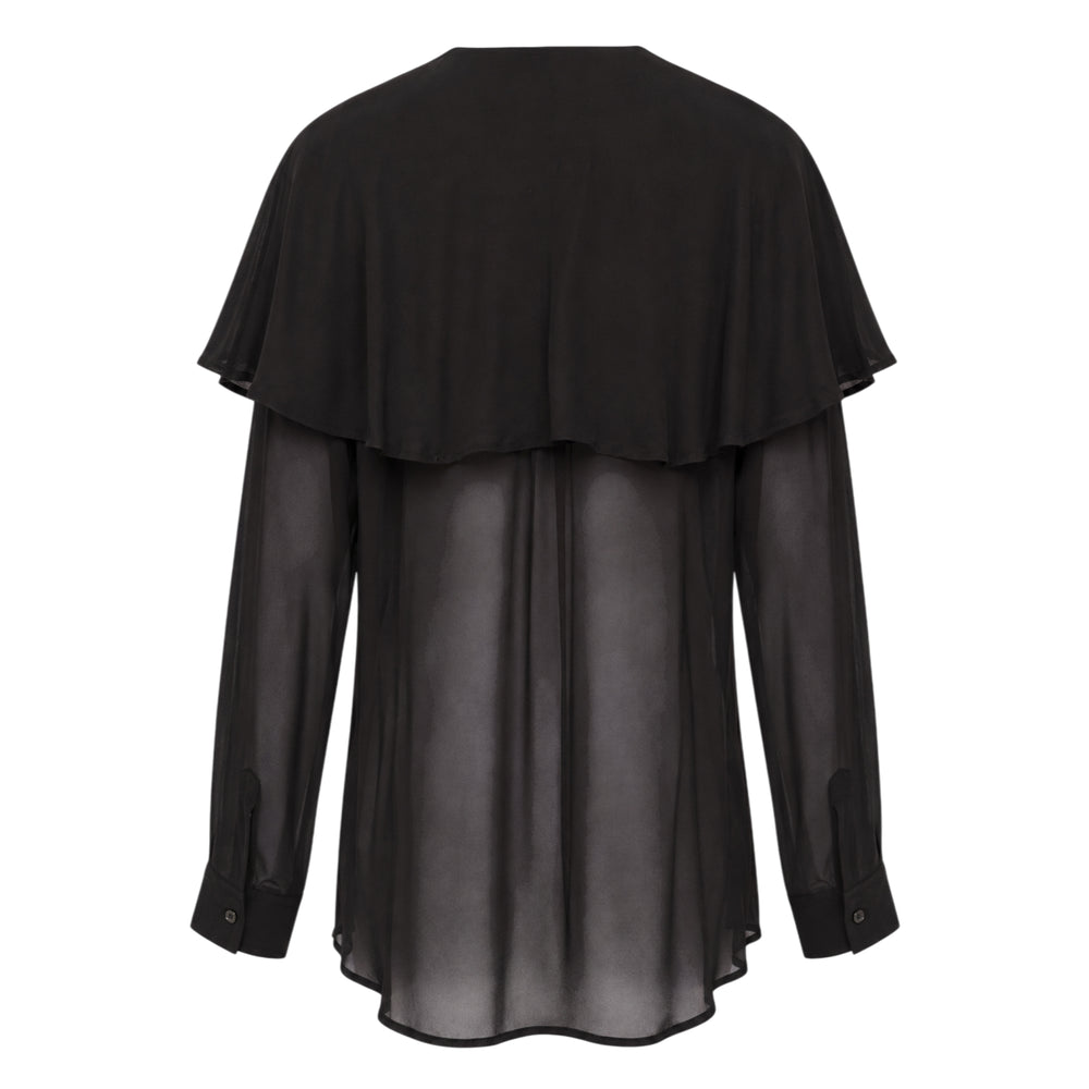 Comme des Garçons sheer black chiffon blouse with oversized cape frill collar, long sheer sleeves, opaque button placket, and chest patch pocket - view 2