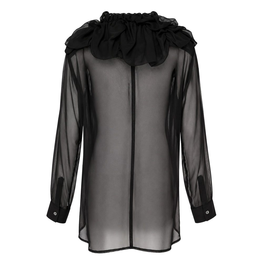 Comme des Garçons black semi-sheer chiffon blouse with dramatic layered ruffle collar, mother-of-pearl button placket, patch chest pocket, and contrast opaque cuffs - view 2