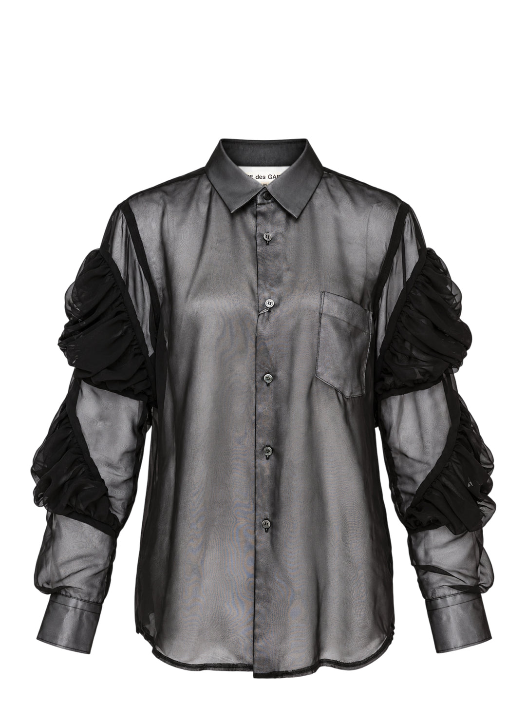Black sheer button-up shirt with ruched gathered sleeve panels and a chest pocket by Comme des Garçons