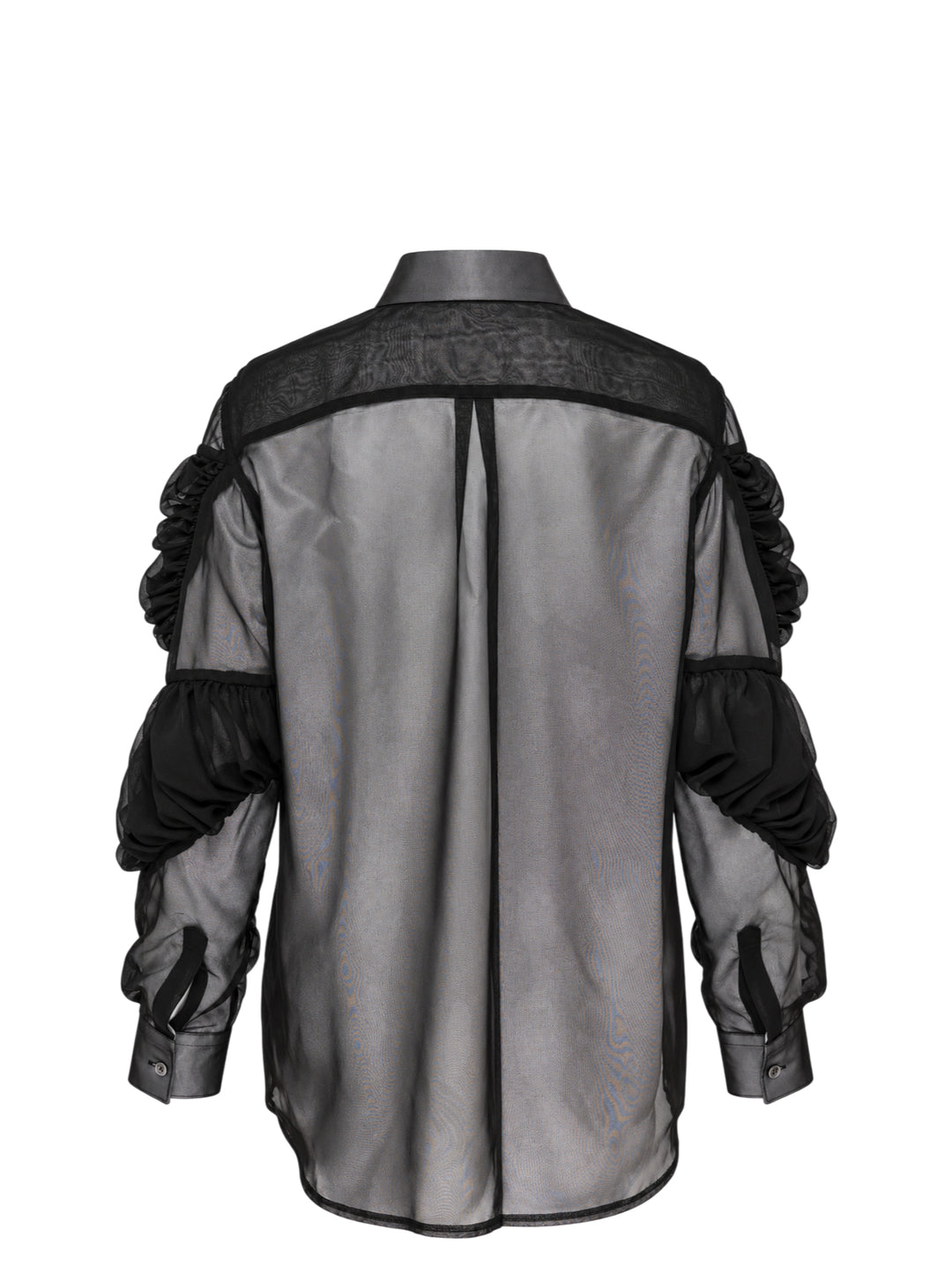 Black sheer button-up shirt with ruched gathered sleeve panels and a chest pocket by Comme des Garçons - view 2