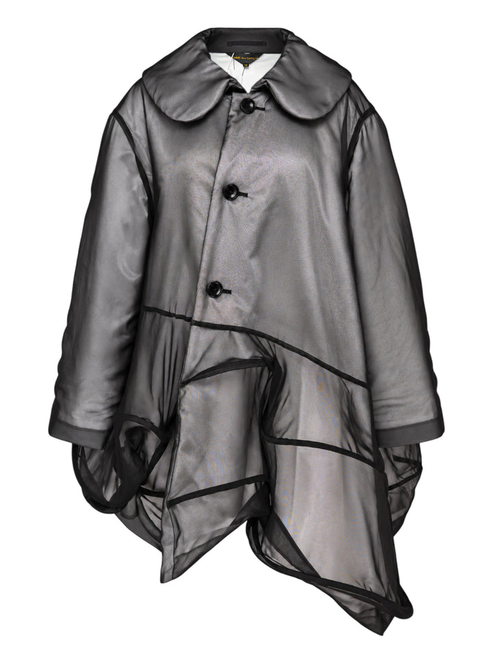 Comme des Garçons black sheer organza coat with rounded collar, three-button front and asymmetric panelled draped hem