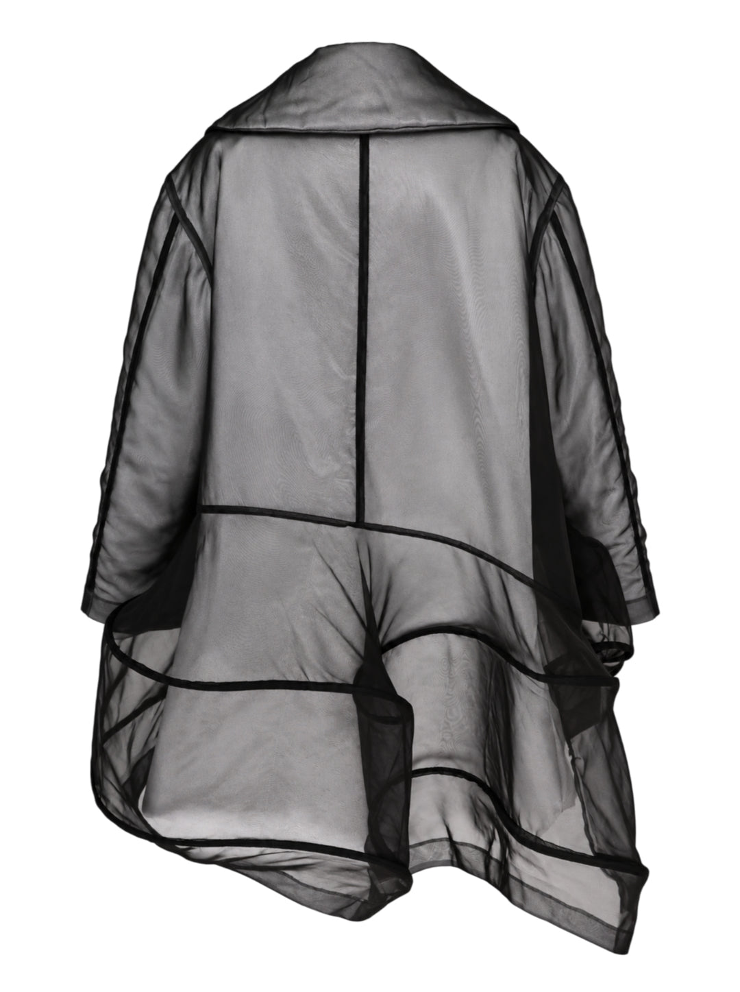 Comme des Garçons black sheer organza coat with rounded collar, three-button front and asymmetric panelled draped hem - view 2