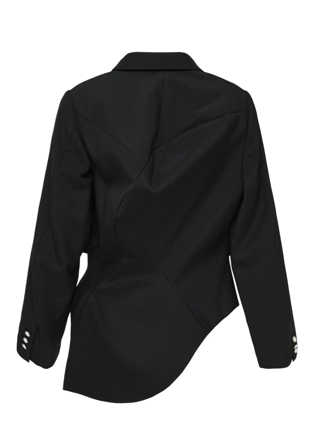 Comme des Garçons black wrap blazer with asymmetric curved hem panel exposing satin lining, peak lapels, jewel-set buttons, and structured shoulders, displayed flat on white background - view 2