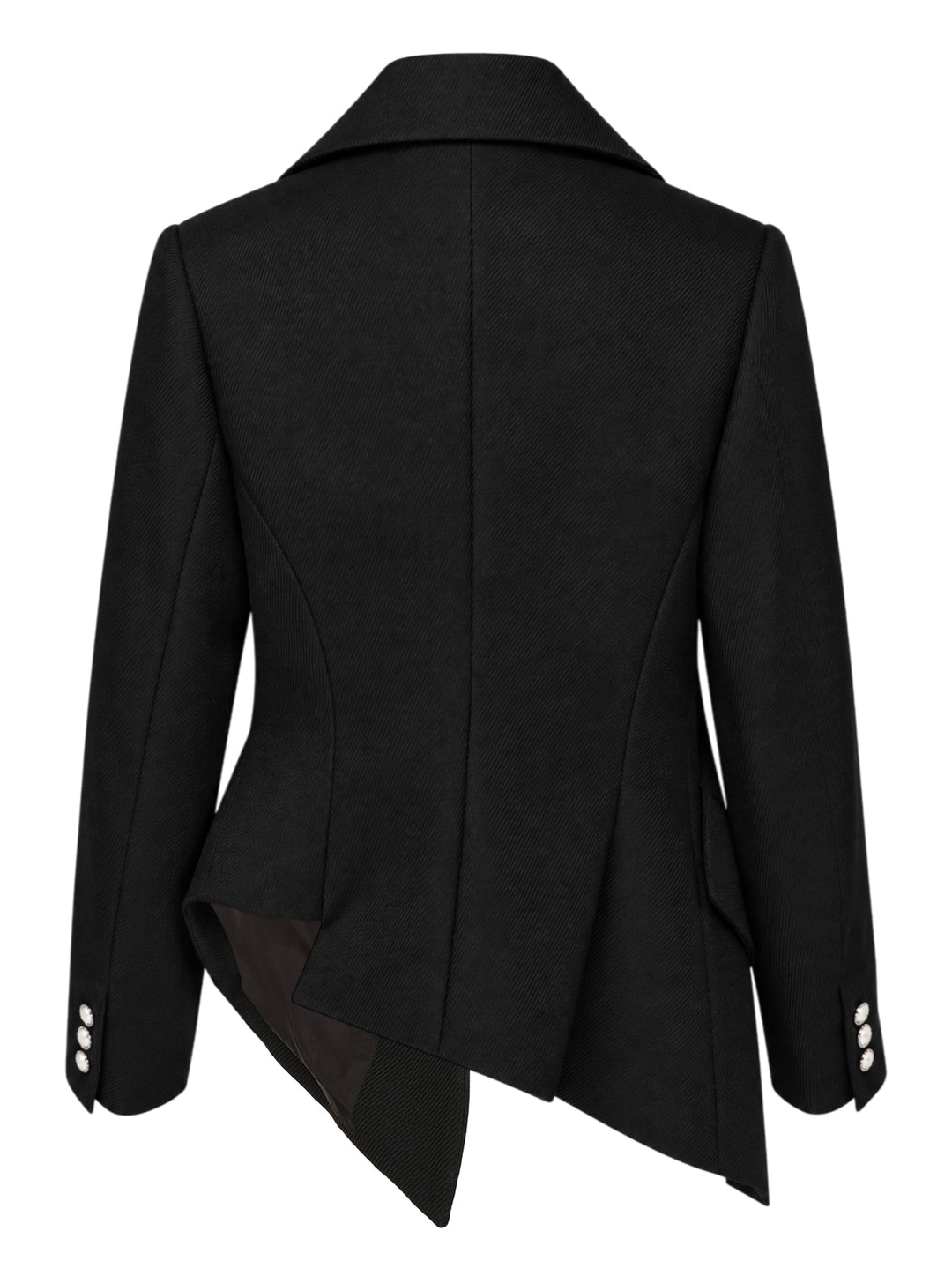 Comme des Garçons black sculptural asymmetric blazer with deconstructed layered lapels, mother-of-pearl buttons, and asymmetric hem revealing satin lining, photographed flat on white background - view 2