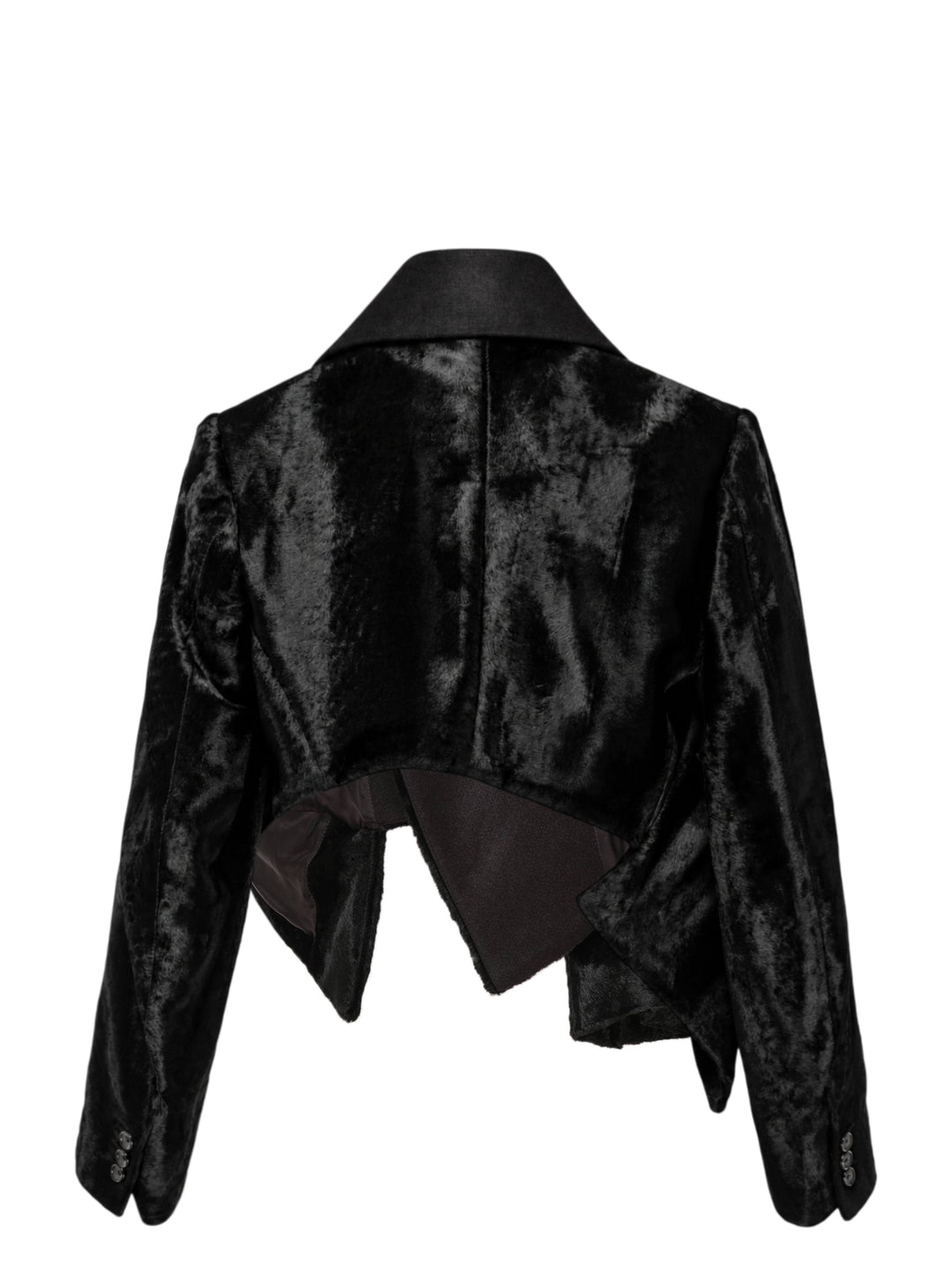 Comme des Garçons cropped asymmetric blazer in black faux fur with contrast collar and flap details - view 2
