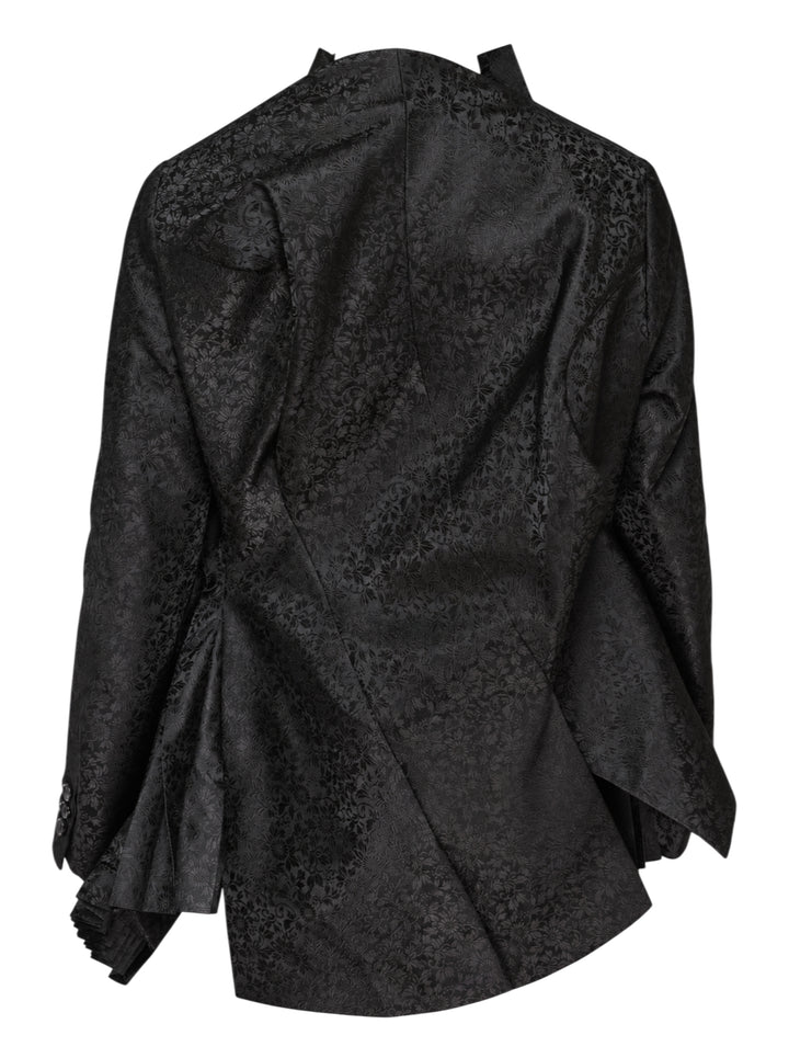 Comme des Garçons deconstructed black floral jacquard jacket with cascading accordion-pleated ruffle panel from collar to hem, shown on white background - view 2