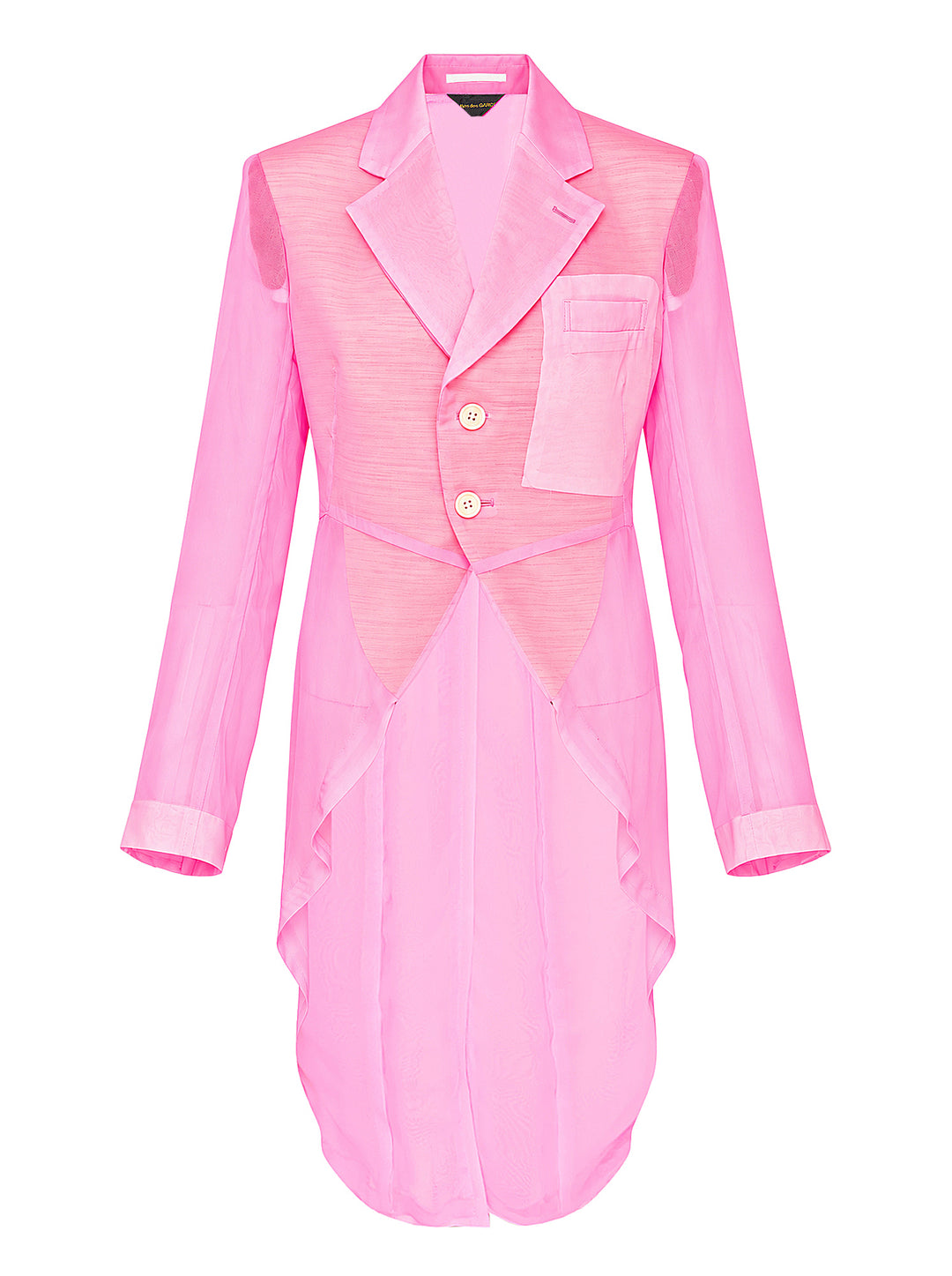 Comme des Garçons pink sheer tailcoat blazer with notched lapels, two-button fastening, chest welt pocket, and dramatic swallow-tail hi-lo hem