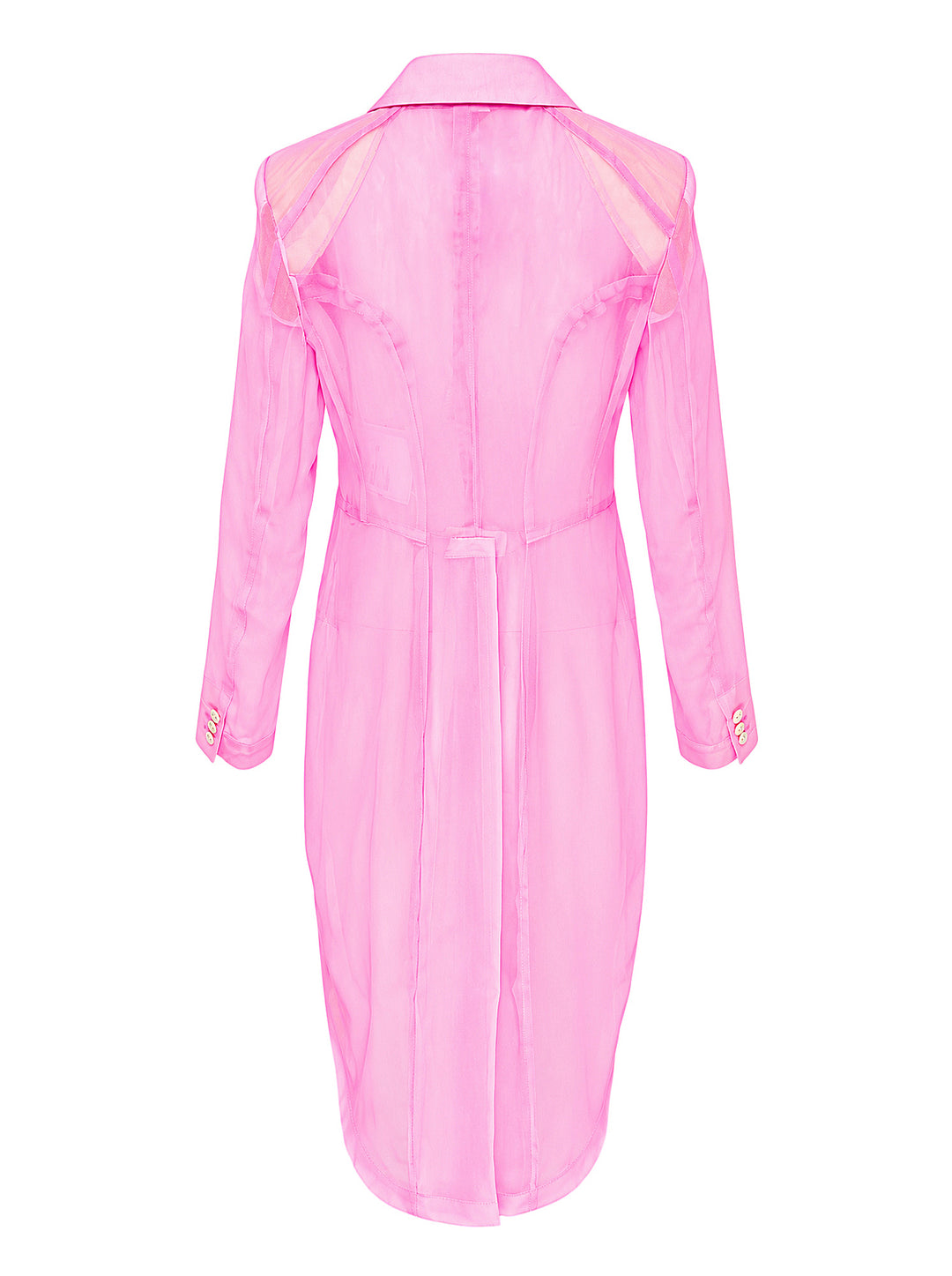 Comme des Garçons pink sheer tailcoat blazer with notched lapels, two-button fastening, chest welt pocket, and dramatic swallow-tail hi-lo hem - view 2