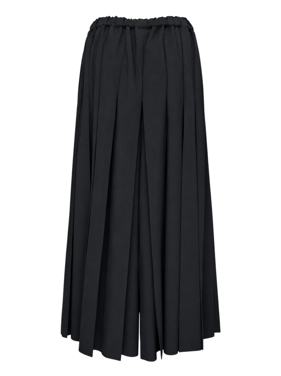 Comme des Garçons black pleated wide-leg trousers with elasticated waistband and fluid, midi-length silhouette, displayed flat on a white background - view 2