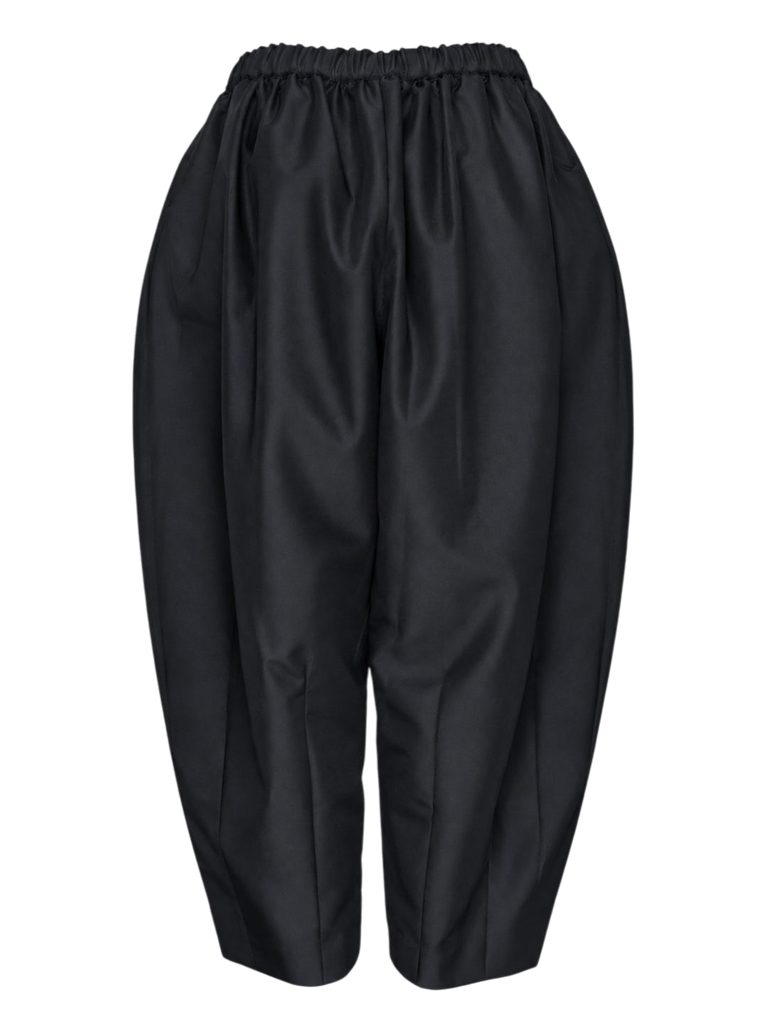 Comme des Garçons black rounded silhouette balloon-leg pants with elasticated waistband and structured vertical seaming, laid flat on white background - view 2