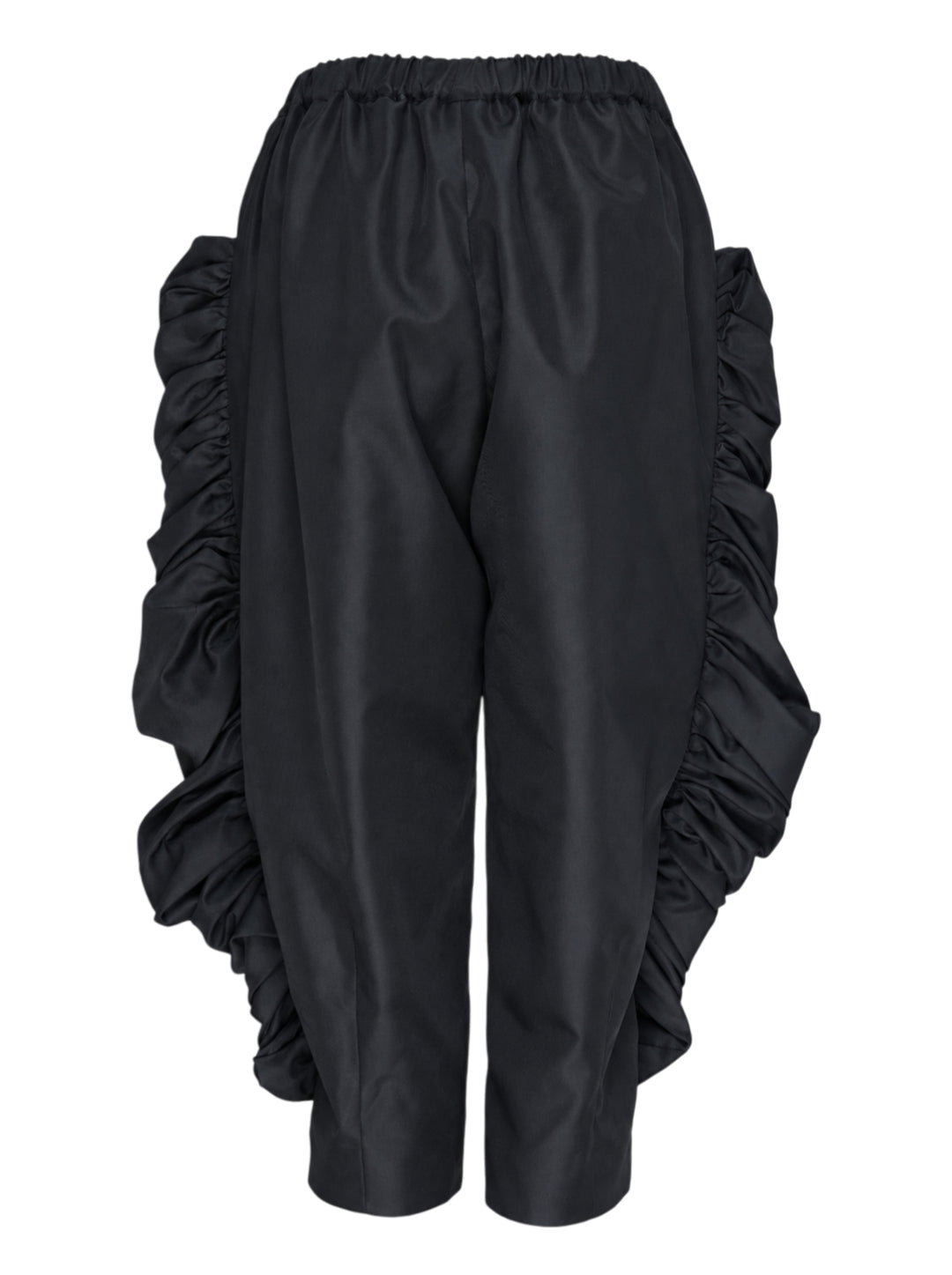 Comme des Garçons wide-leg black pants with dramatic ruched frill panels along both side seams and an elasticated waistband, displayed flat against a white background - view 2