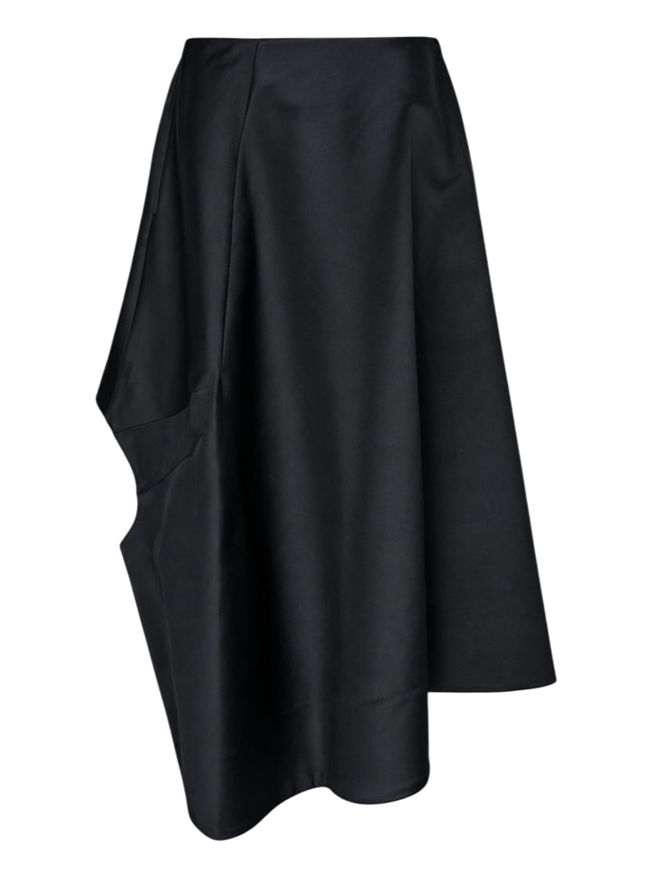 Comme des Garçons black asymmetric draped long skirt with cascading side panel and structured A-line silhouette