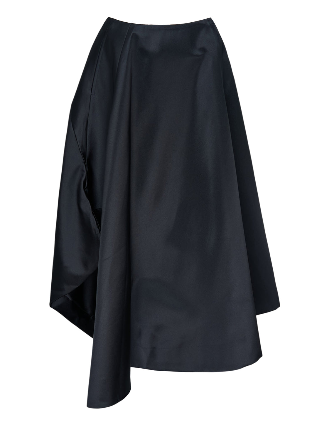 Comme des Garçons black asymmetrical draped midi skirt with pleated waist and flowing satin-finish fabric