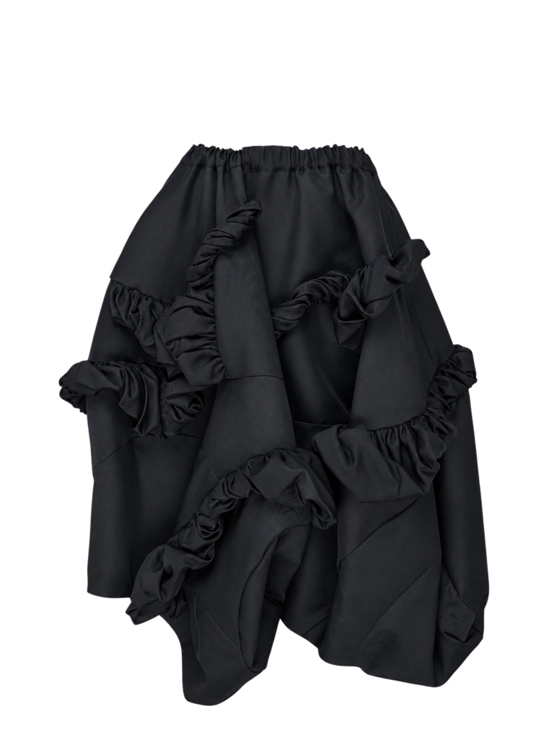 Comme des Garçons black voluminous balloon midi skirt with asymmetric sculptural ruffle clusters and elasticated waistband, product flat lay on white background