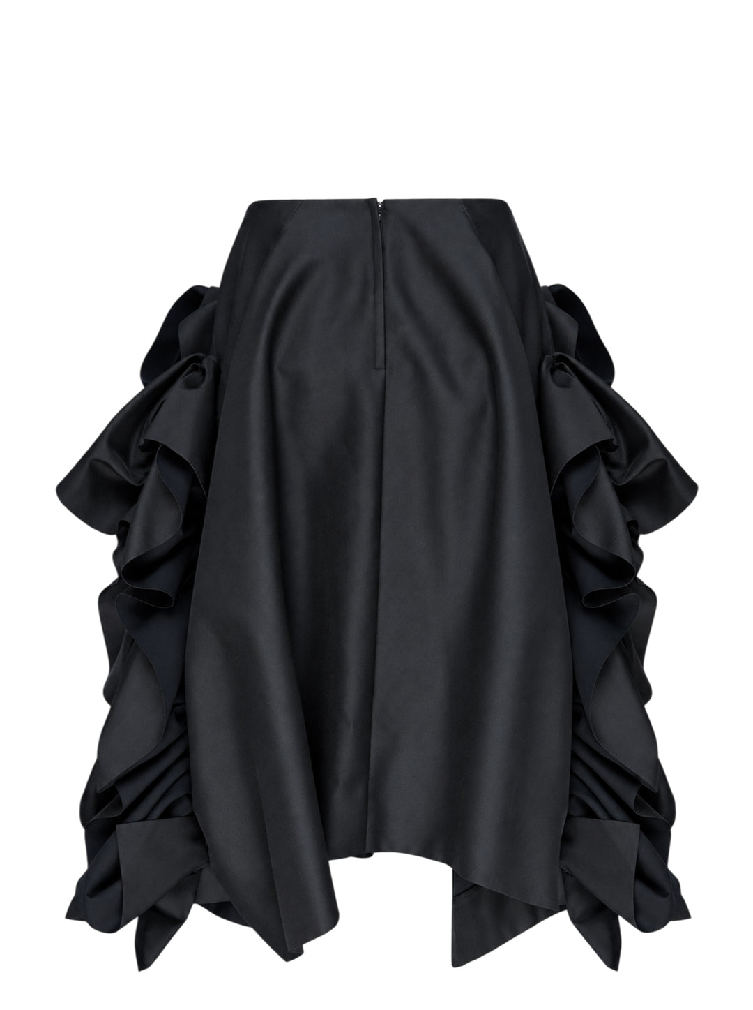 Comme des Garçons black asymmetrical midi skirt with voluminous gathered ruffle panels on both sides and a smooth structured centre panel, photographed on a white background - view 2
