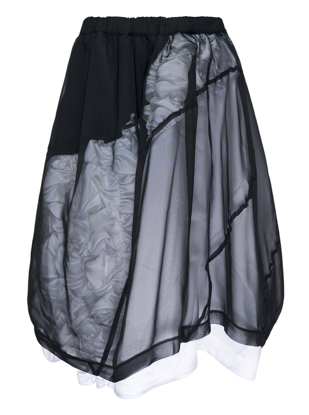 Comme des Garçons layered asymmetrical skirt in sheer black with ruched white lining and contrast white hem