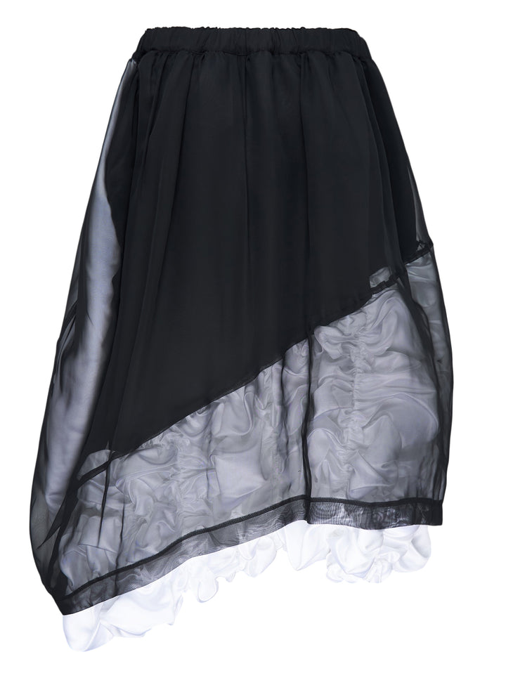 Comme des Garçons layered asymmetrical skirt in sheer black with ruched white lining and contrast white hem - view 2