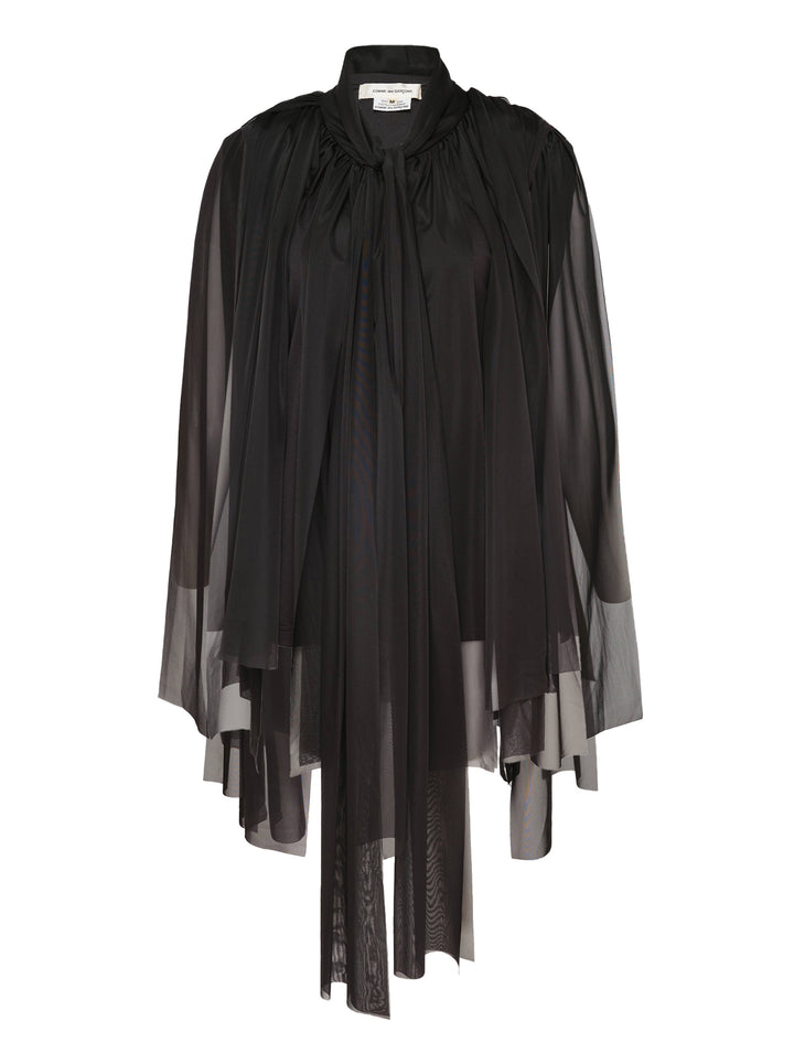 Comme des Garçons black sheer pleated dress with gathered tie neck and layered asymmetric hem, shown from the front