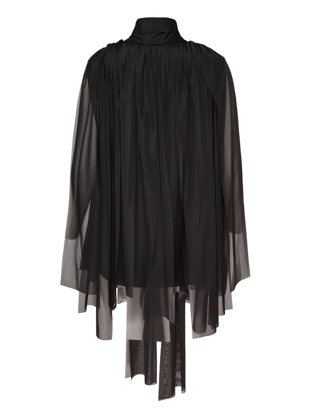 Comme des Garçons black sheer pleated dress with gathered tie neck and layered asymmetric hem, shown from the front - view 2