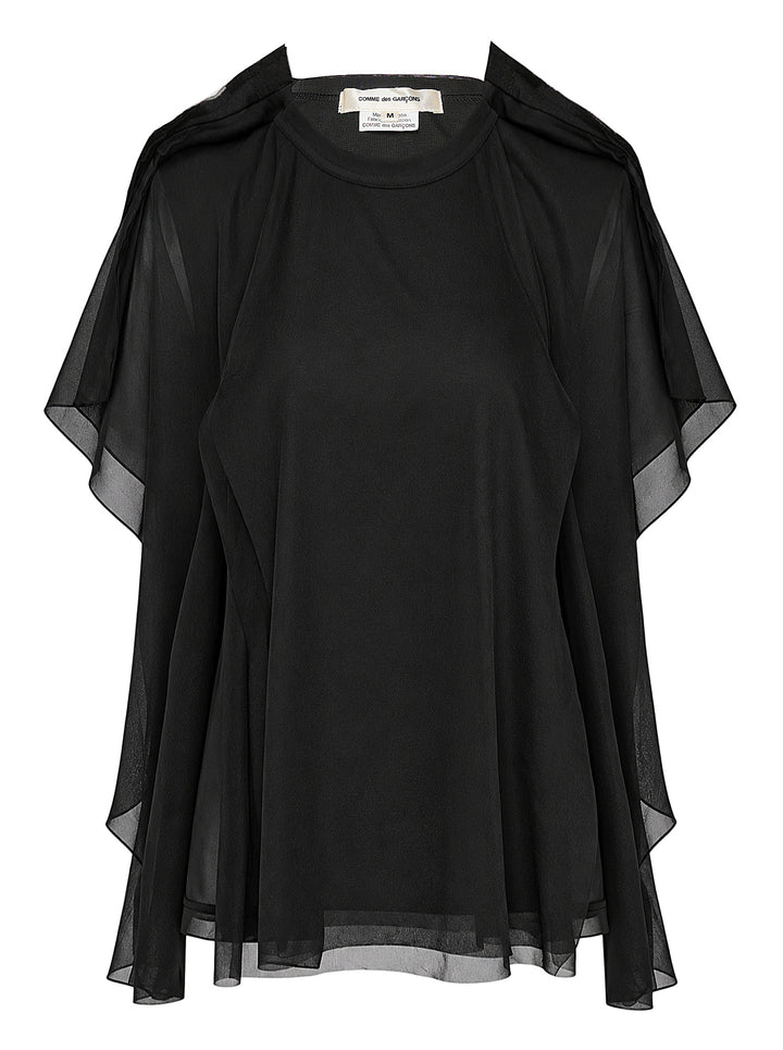 Comme des Garçons asymmetrical panelled oversize tee in black, featuring sheer chiffon flutter cape panels over an opaque jersey body, shown flat on white background