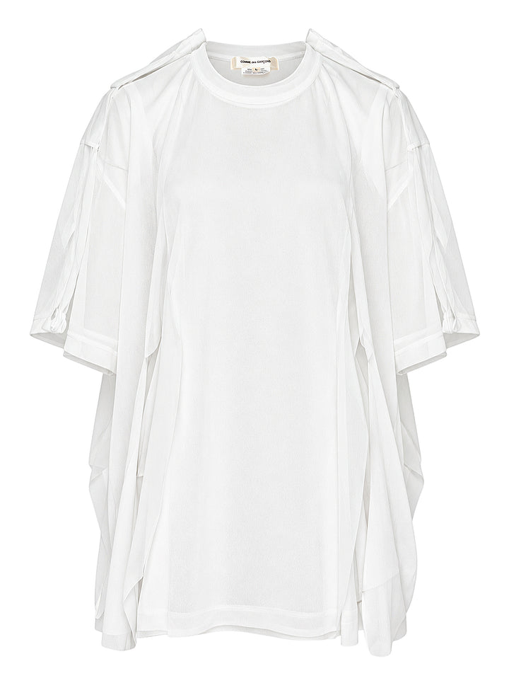 Comme des Garçons white asymmetrical panelled tee with draped fabric panels cascading from the shoulders and sides, crew neckline, short sleeves