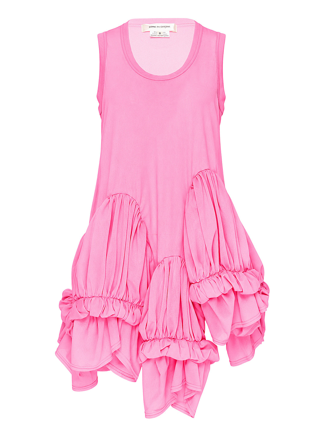 Comme des Garçons pink sleeveless dress with asymmetric gathered bubble panels and elasticated ruffle trim across the lower body