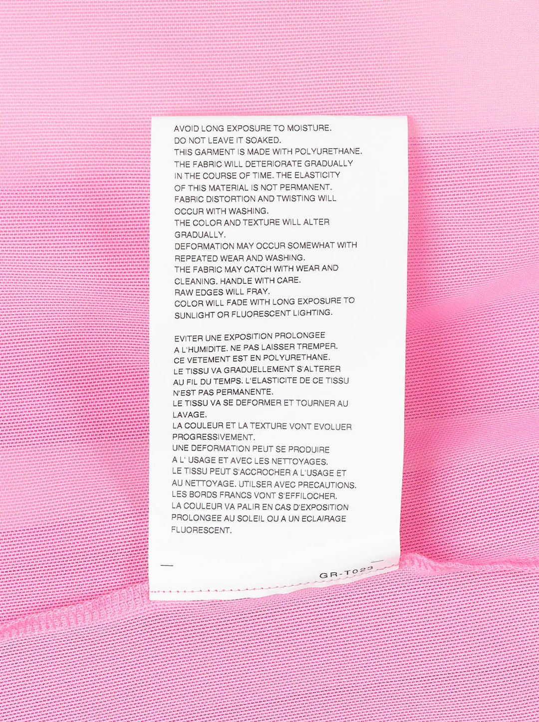 Comme des Garçons soft pleated sheer top in bubblegum pink, featuring a gathered round neckline and cascading semi-transparent streamer panels - view 4