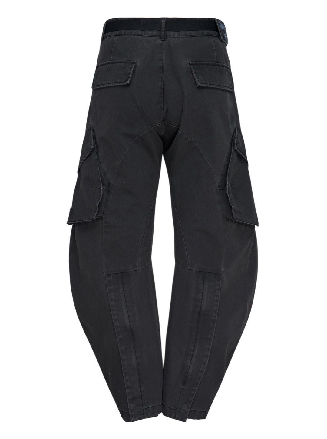 Jiyong Kim washed black multi-pocket cargo trousers with curved wide-leg silhouette, flap pockets and black buckle belt, shown front view - view 2